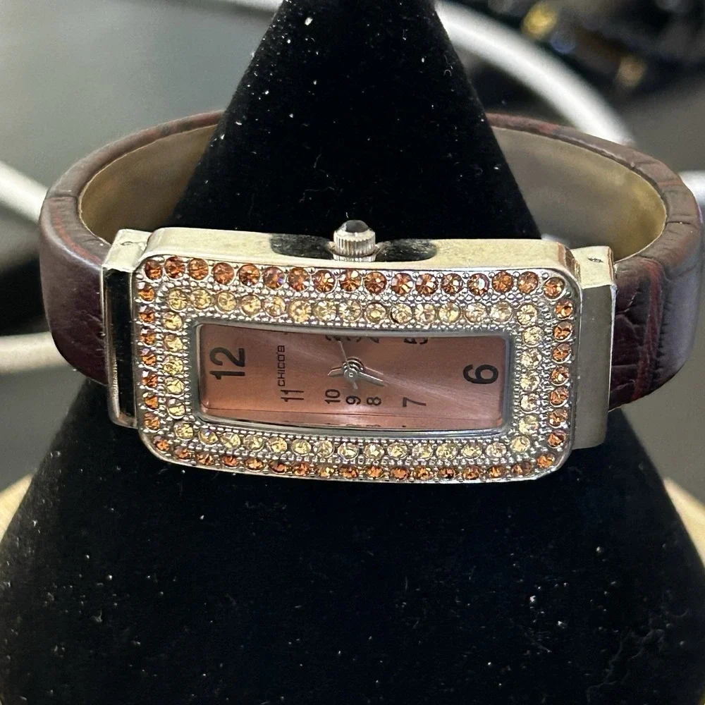 Chicos Crystal Cuff Watch Pink Dial Brown Band Statement Rhinestone Bezel‎
